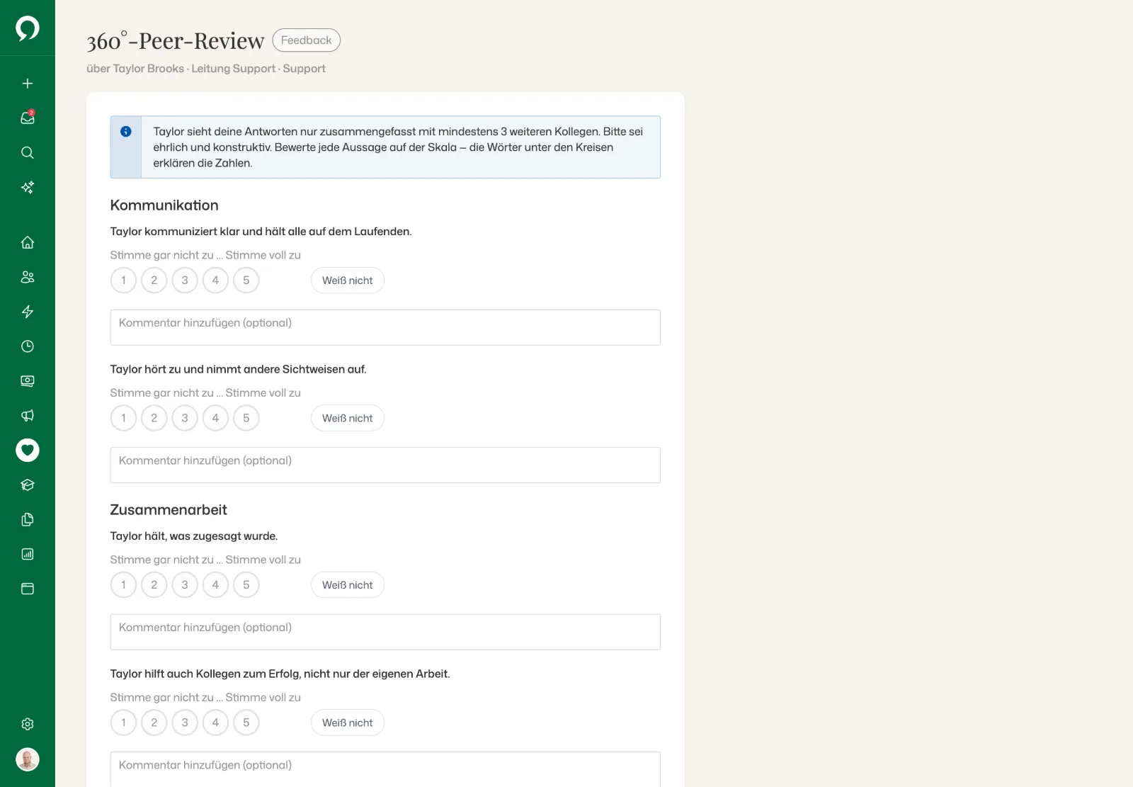 Ein 360°-Peer-Review zu Taylor Brooks: wer die Antworten sieht, Aussagen von 1 bis 5 bewertet mit einem „Weiß nicht“ und Abschnitte aus der Vorlage