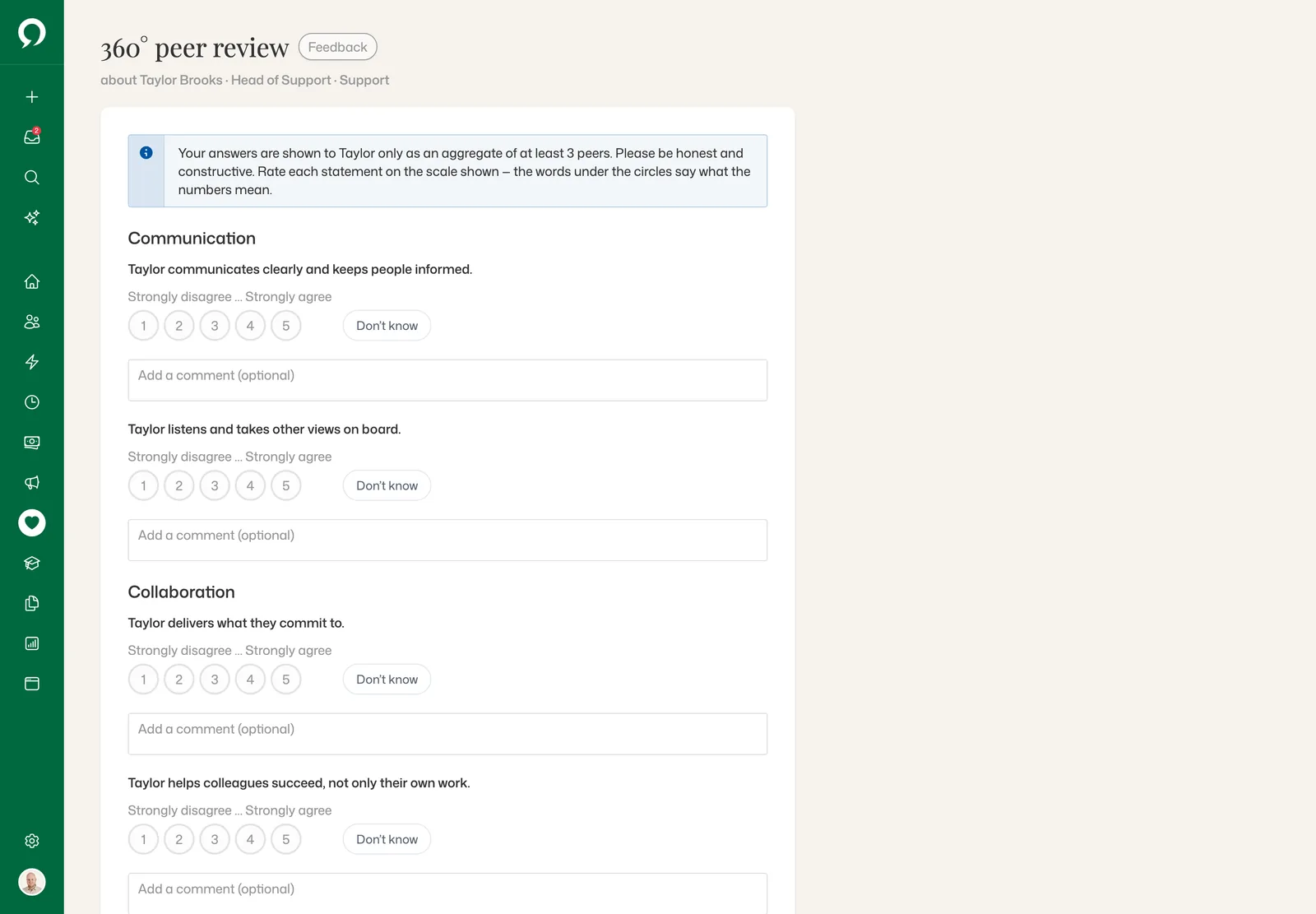 A 360° peer review about Taylor Brooks: who sees the answers, statements rated 1 to 5 with a Don’t know, and sections from the template