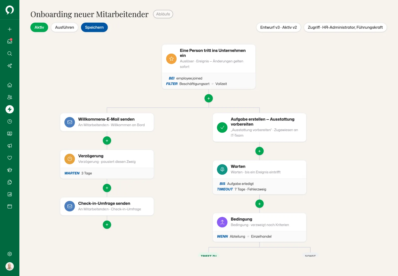 Der Ablauf „Onboarding neuer Mitarbeitender“ im Builder: Auslöser und Filter, zwei Zweige mit E-Mail, Verzögerung, Aufgabe, Warten und einer Bedingung auf die Abteilung