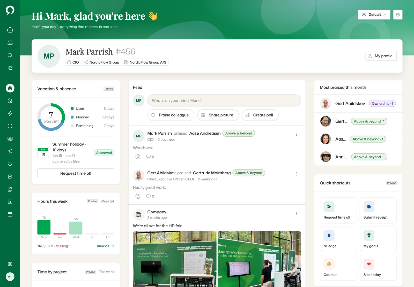 Komma Home in the demo account: holiday and absence, the feed with kudos and a company post, and the most praised colleagues this month