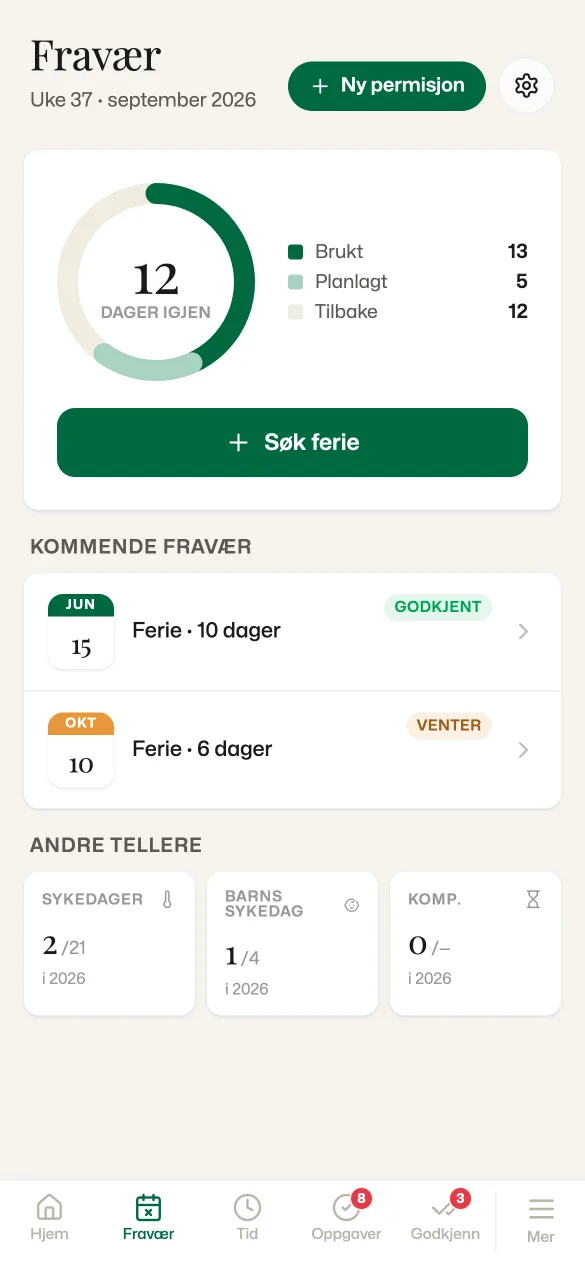 Ferie og fravær: dager igjen, kommende fravær og andre saldoer