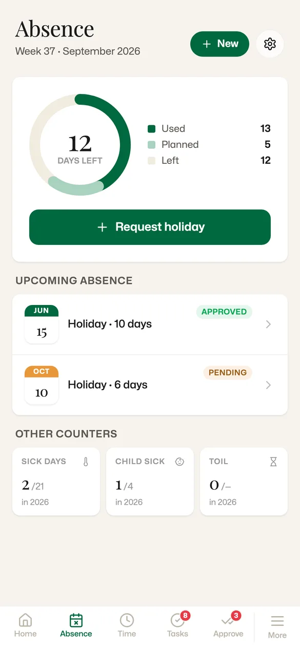 Holiday and absence: days left, upcoming leave and other balances