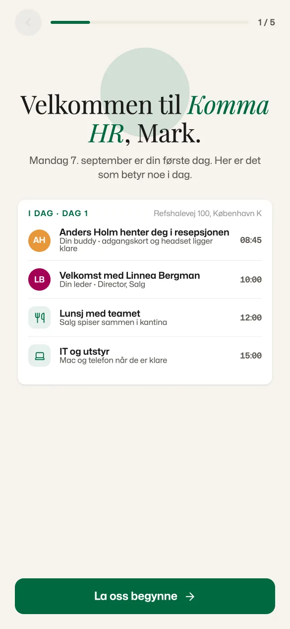 Første dag: planen for dagen, time for time