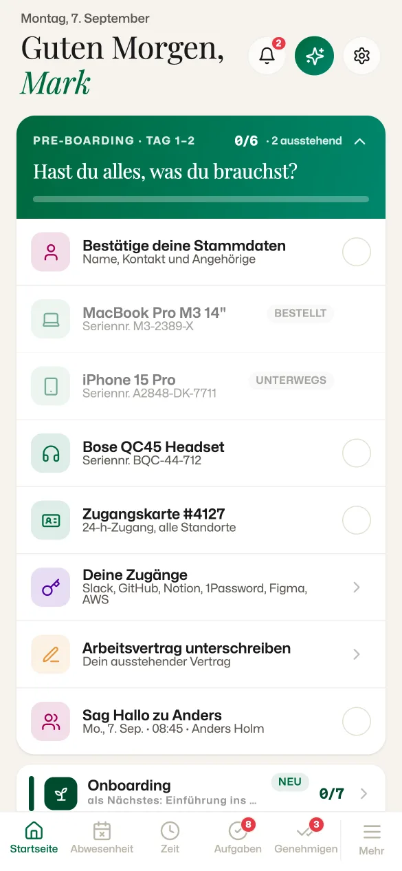 Mobiler Startbildschirm, von der Mitarbeiterin selbst angeordnet