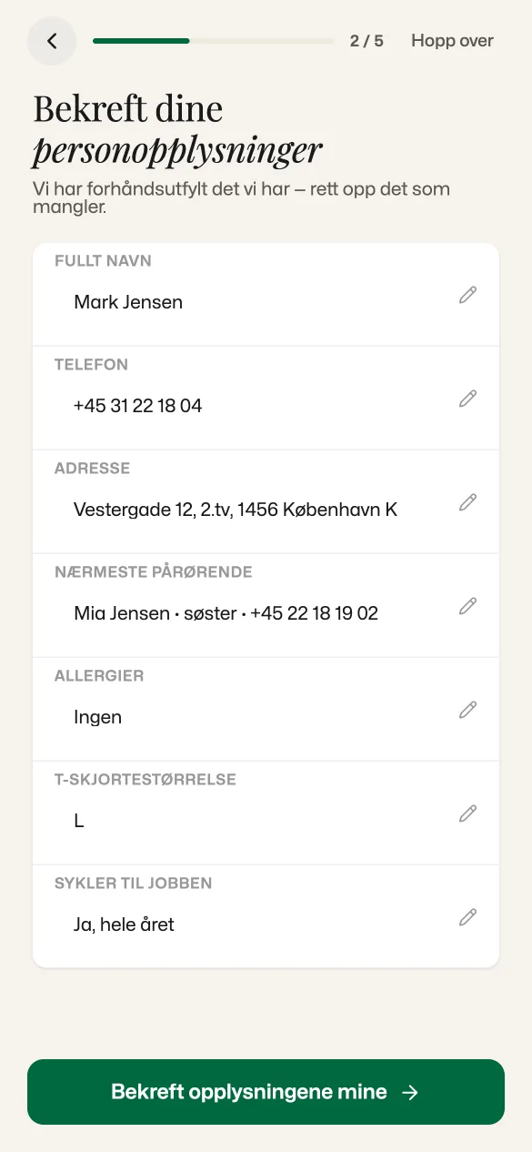 Bekreft opplysningene dine, forhåndsutfylt med det HR har