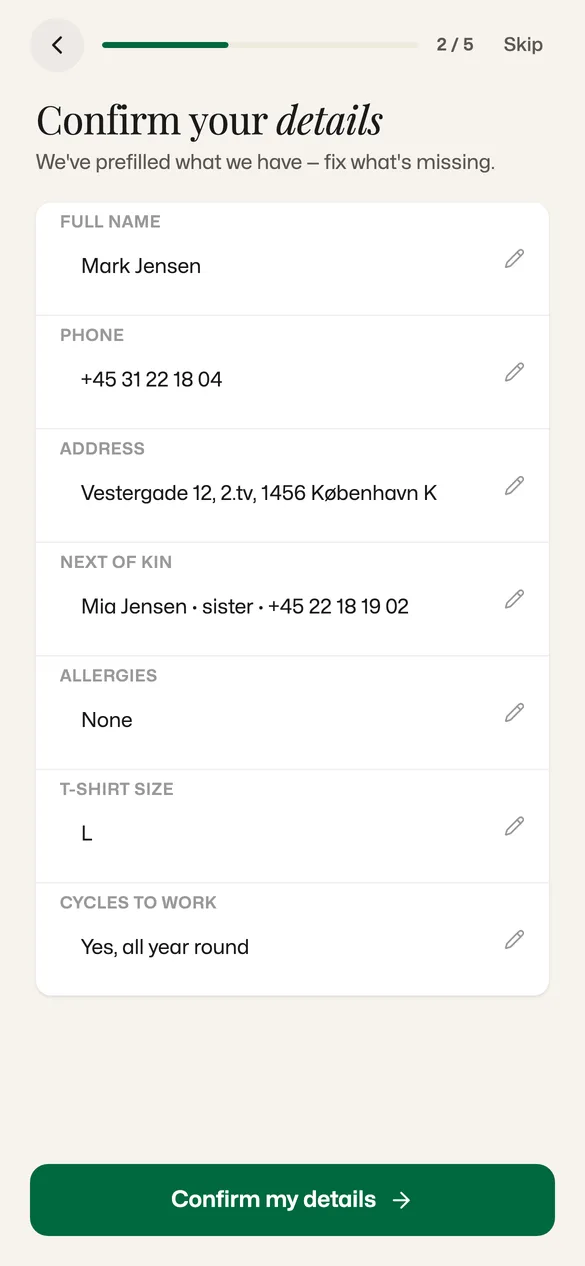 Confirm your details, prefilled from what HR has