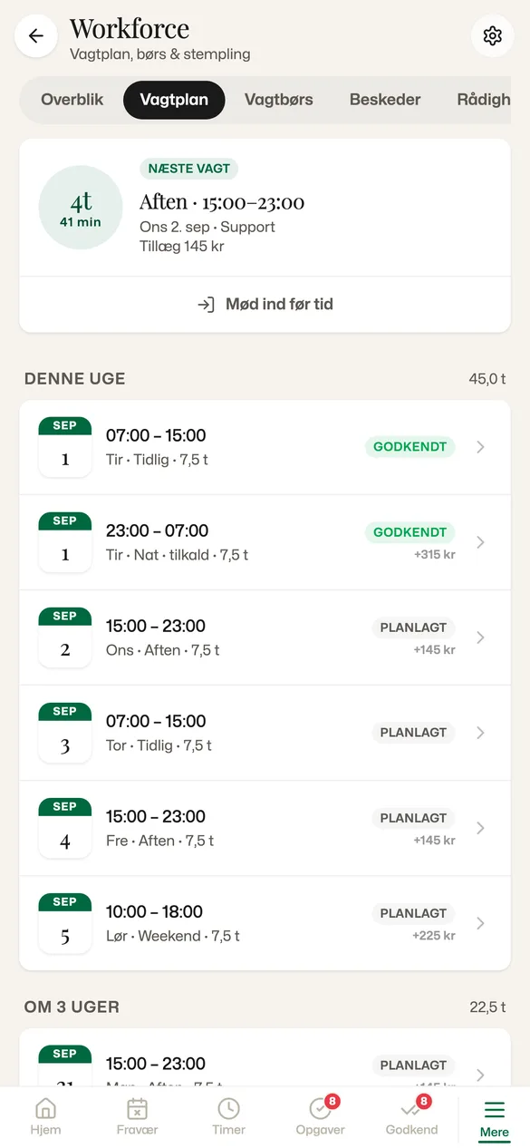 Komma-mobilappen, vagtplan: næste vagt ons. 2. sep. 15:00–23:00 med nedtælling, derefter ugens seks vagter med status og tillæg
