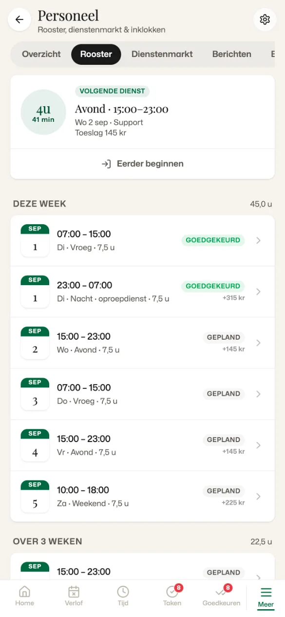 Komma mobiele app, rooster: volgende dienst wo 2 sep 15:00–23:00 met een aftelling, daaronder de zes diensten van deze week met status en toeslagen