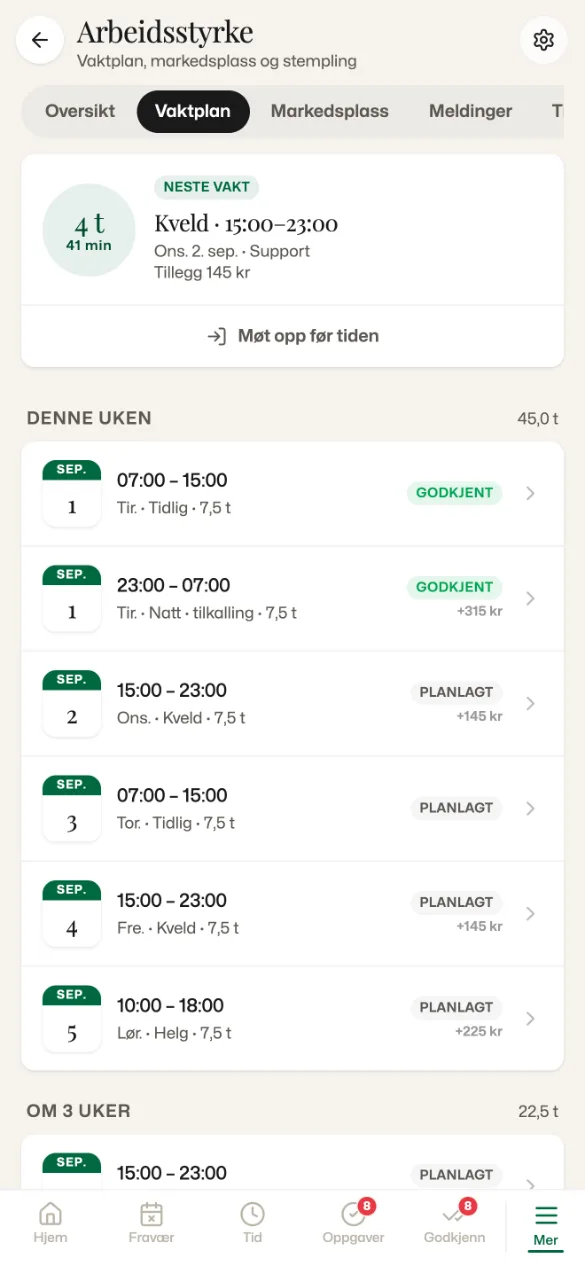 Komma-mobilappen, vaktplan: neste vakt ons. 2. sep. 15:00–23:00 med nedtelling, deretter ukens seks vakter med status og tillegg