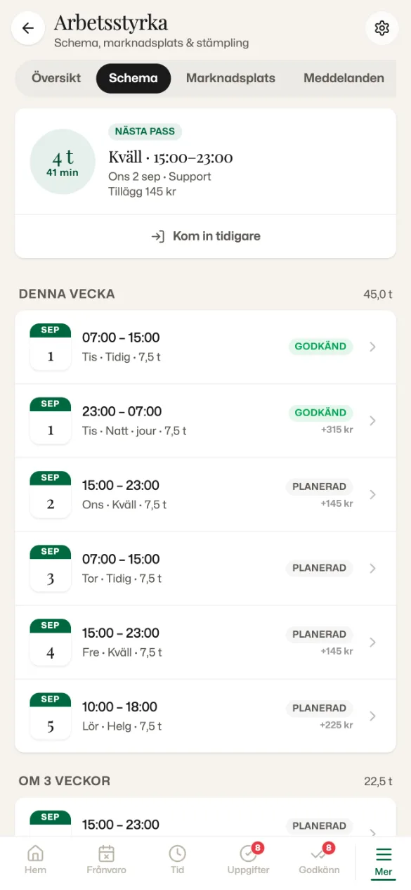 Komma-mobilappen, schema: nästa pass ons 2 sep 15:00–23:00 med nedräkning, sedan veckans sex pass med status och tillägg