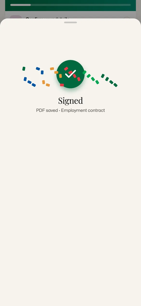 Komma mobile app, contract signed: a green check with confetti, "Signed" and "PDF saved · Employment contract".