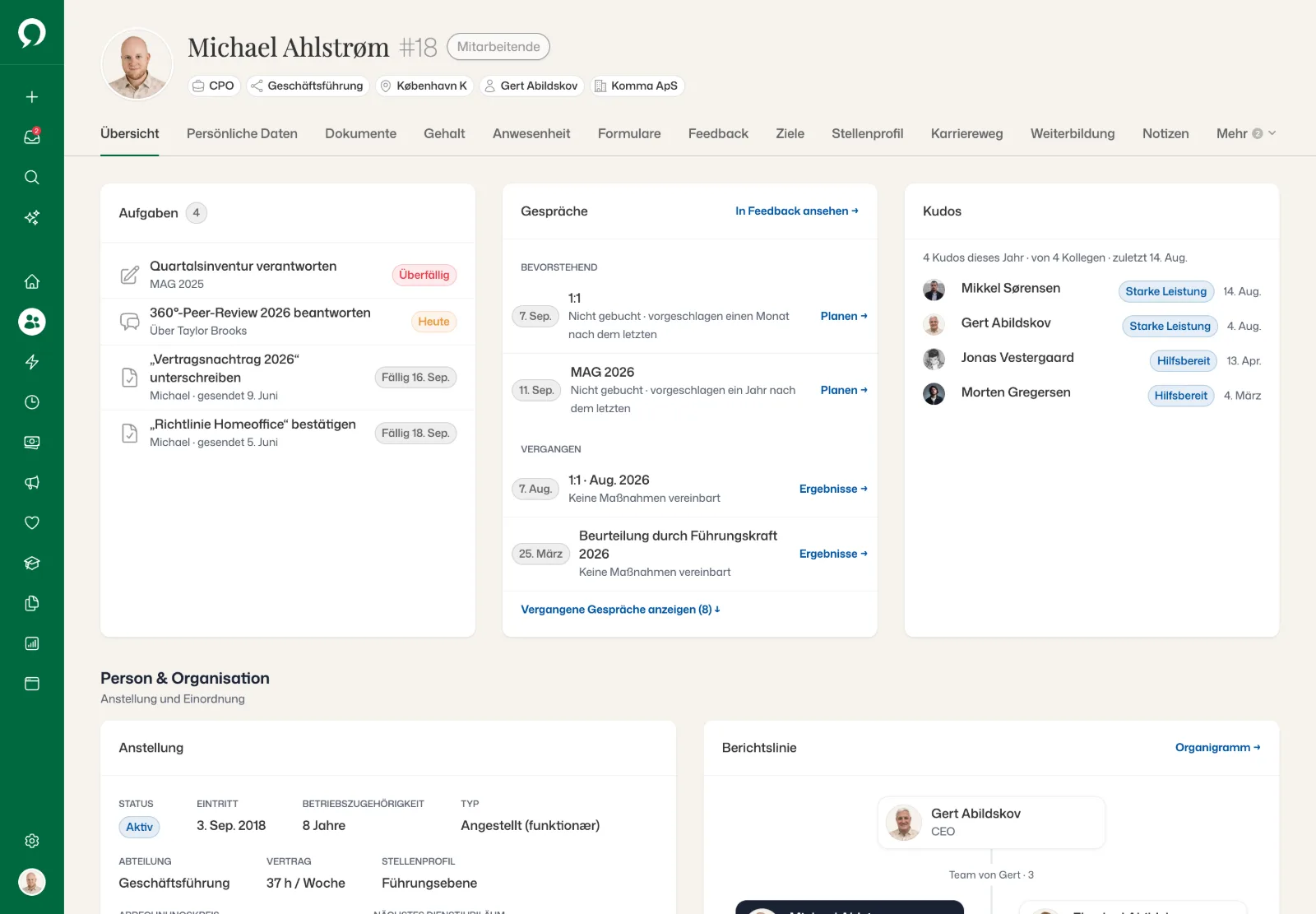 Mitarbeiterakte von Michael Ahlstrøm: Aufgaben, Gespräche und Kudos oben, darunter Anstellung mit dem Abrechnungskreis und die Berichtslinie