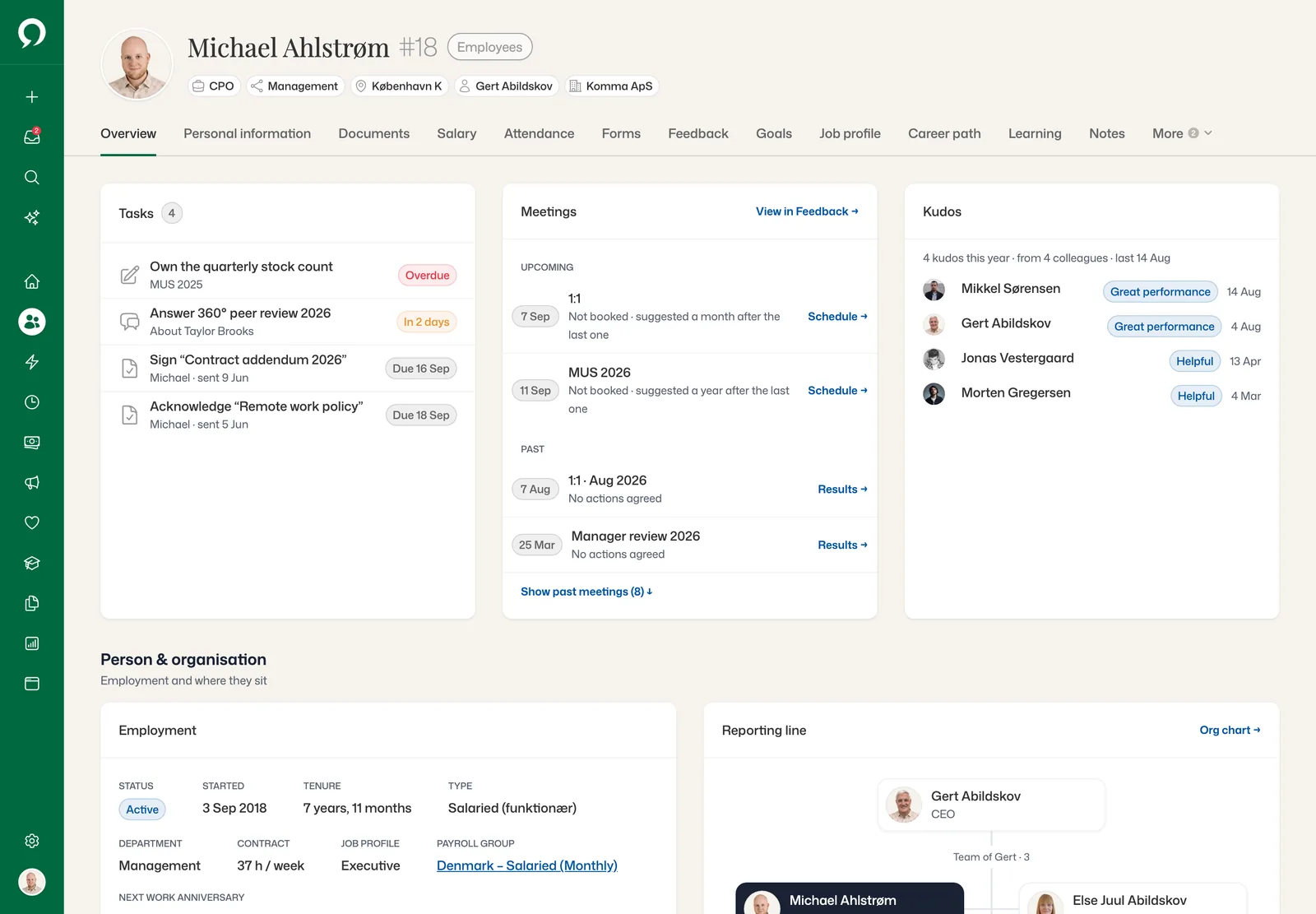 Employee record for Michael Ahlstrøm: tasks, meetings and kudos on top, then employment with the payroll group and the reporting line