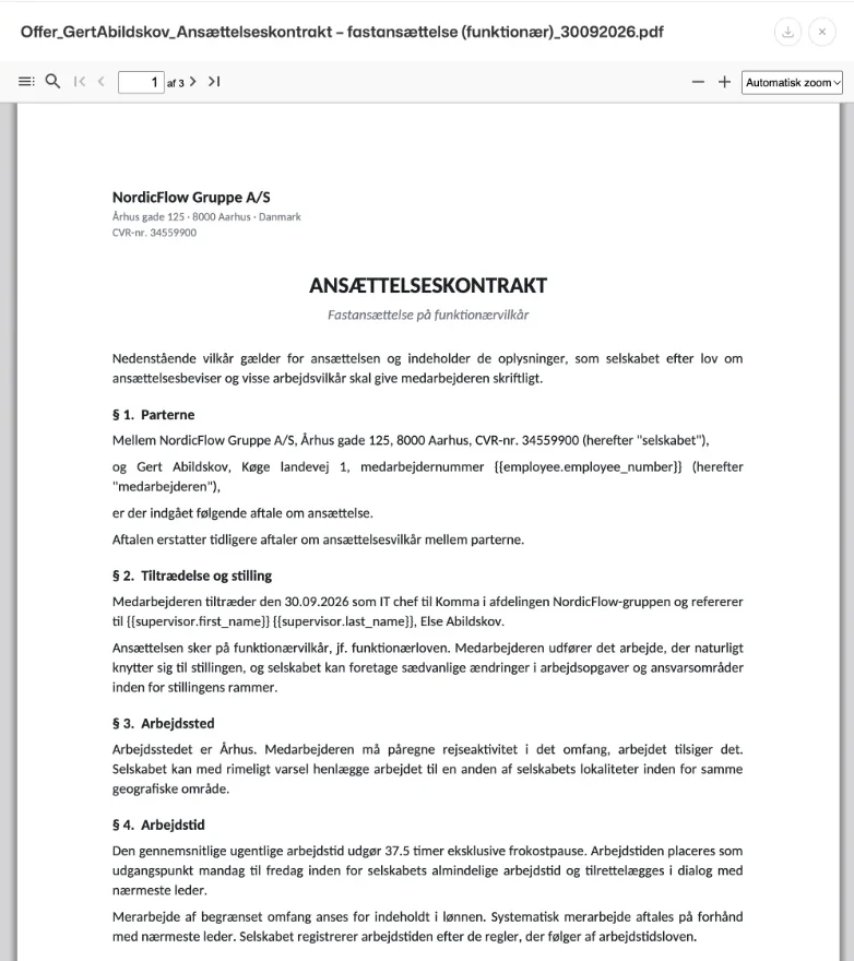 Tilbuddets ansættelseskontrakt som PDF, oprettet fra en skabelon: parter, tiltrædelse og stilling, arbejdssted og arbejdstid