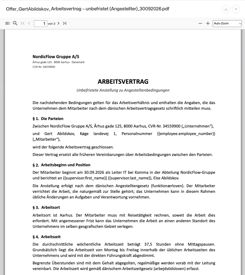Der Arbeitsvertrag zum Angebot als PDF, aus einer Vorlage erstellt: Vertragsparteien, Startdatum und Position, Arbeitsort und Arbeitszeit
