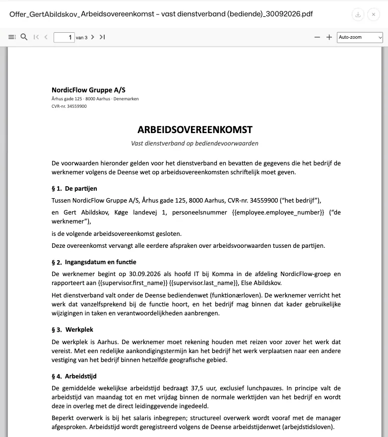 De arbeidsovereenkomst bij het aanbod als pdf, gemaakt vanuit een sjabloon: partijen, startdatum en functie, werkplek en werktijden