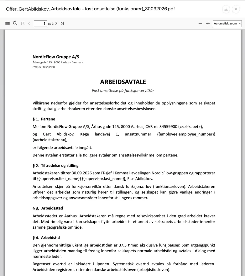 Tilbudets arbeidskontrakt som PDF, laget fra en mal: parter, startdato og stilling, arbeidssted og arbeidstid