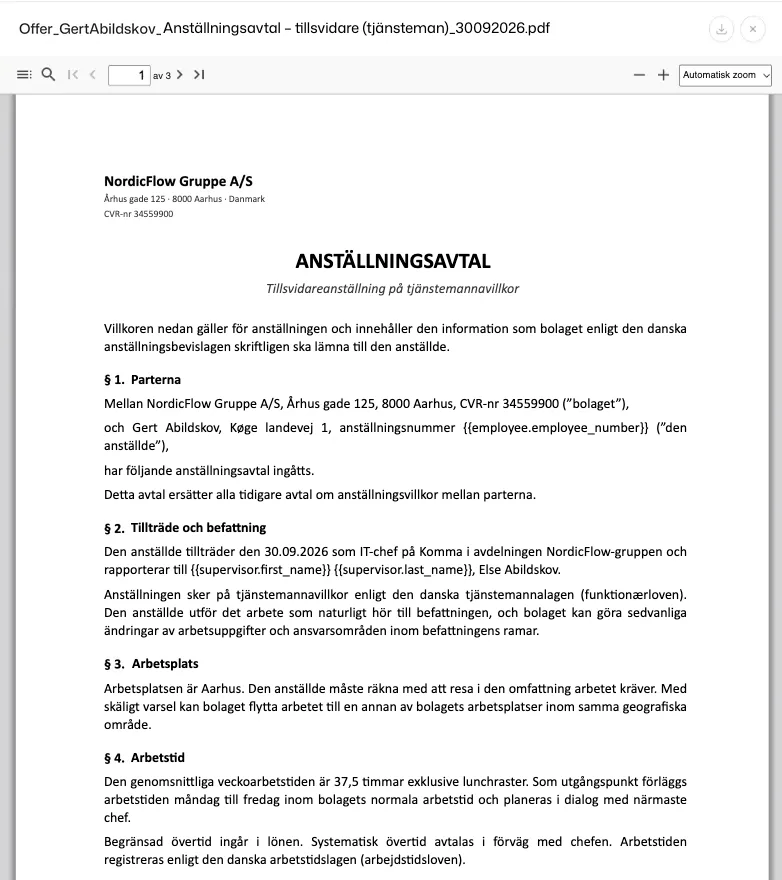 Erbjudandets anställningsavtal som PDF, skapat från en mall: parter, startdatum och befattning, arbetsplats och arbetstid
