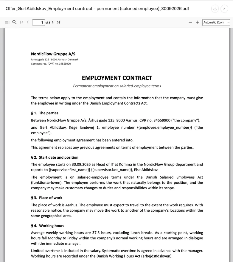 The offer’s employment contract as a PDF, created from a template: parties, start date and position, workplace and working hours