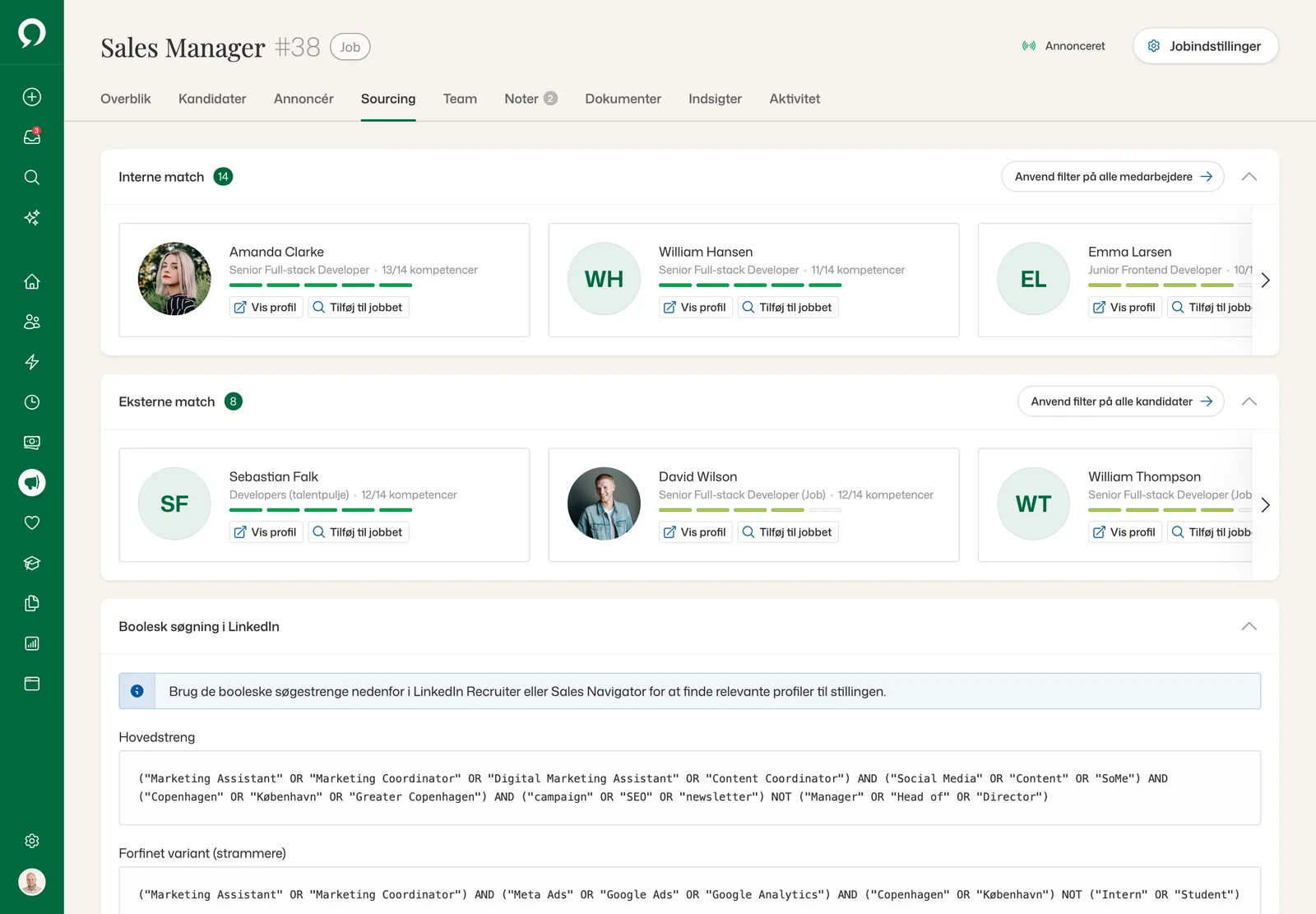 Sourcing til Sales Manager: 14 interne match, 8 eksterne match og booleske søgestrenge til LinkedIn