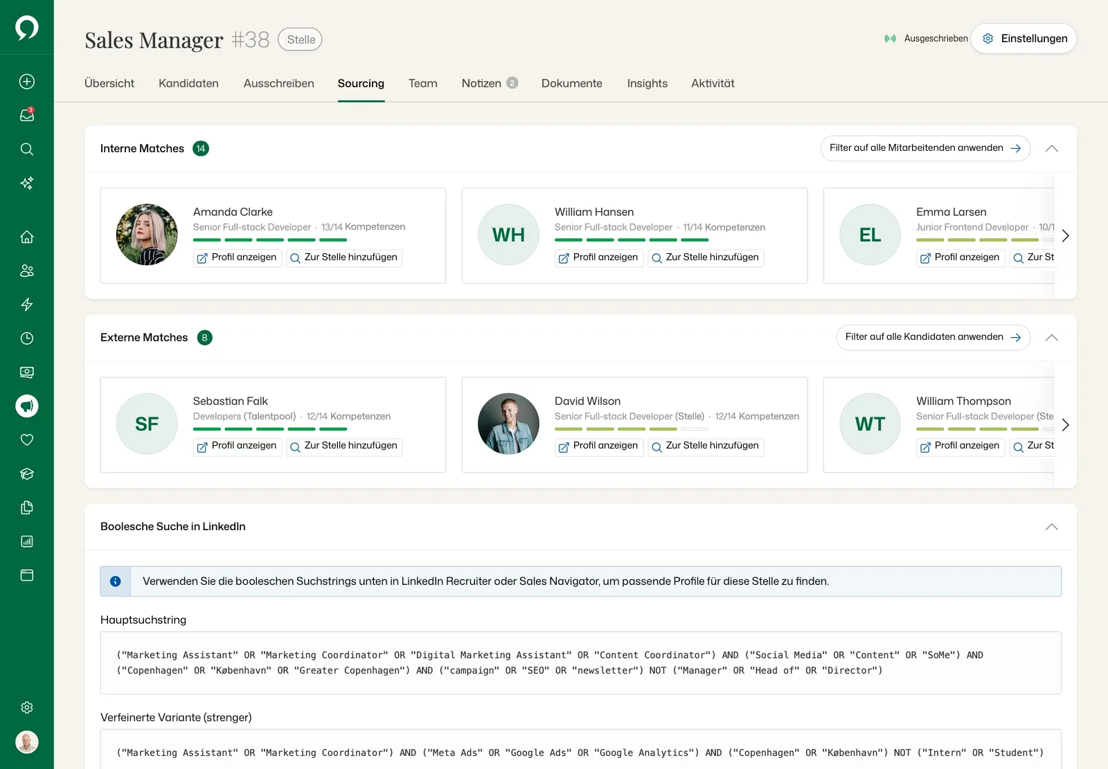 Sourcing für Sales Manager: 14 interne Matches, 8 externe Matches und boolesche Suchstrings für LinkedIn