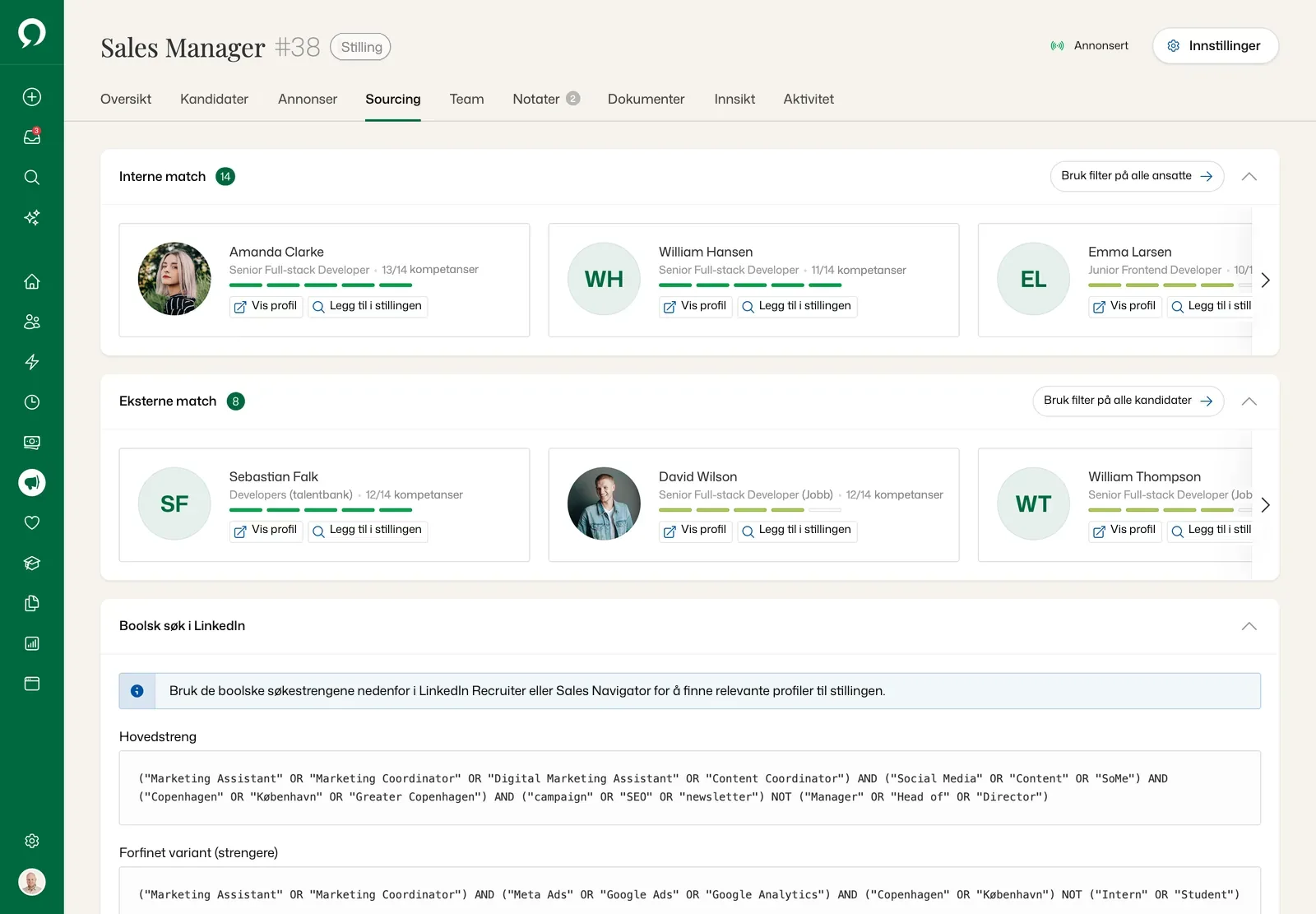 Sourcing for Sales Manager: 14 interne match, 8 eksterne match og boolske søkestrenger for LinkedIn