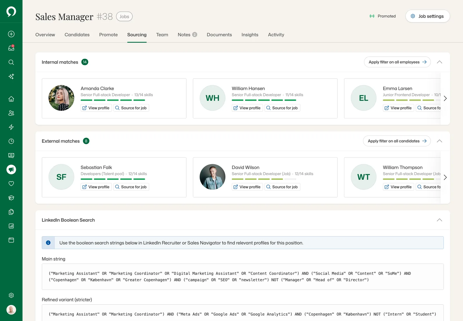 Sourcing for Sales Manager: 14 internal matches, 8 external matches and LinkedIn boolean search strings