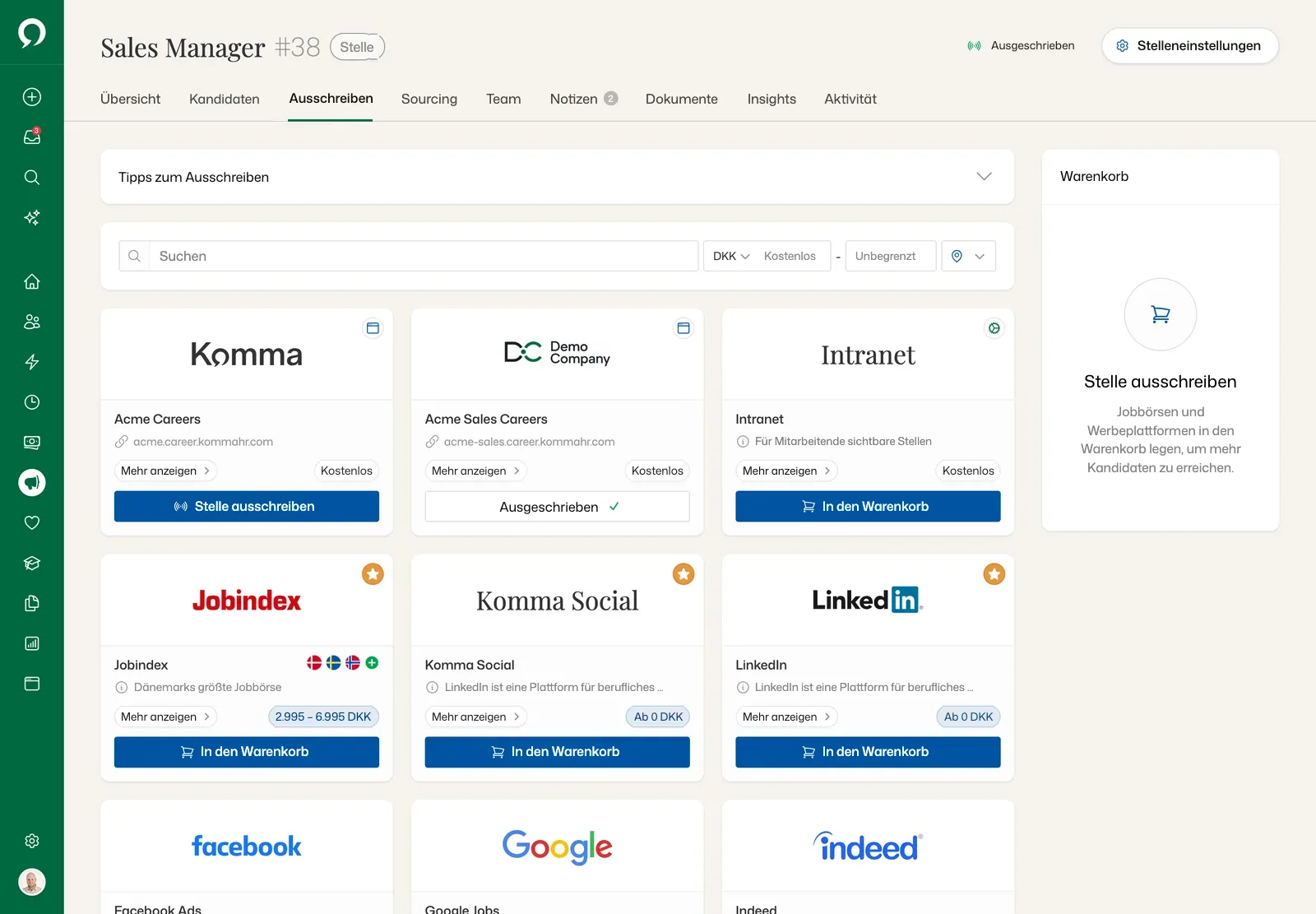 Eine Stelle bewerben: eigene Karriereseiten, Intranet, Jobindex, Komma Social, LinkedIn, Facebook, Google und Indeed, mit Warenkorb