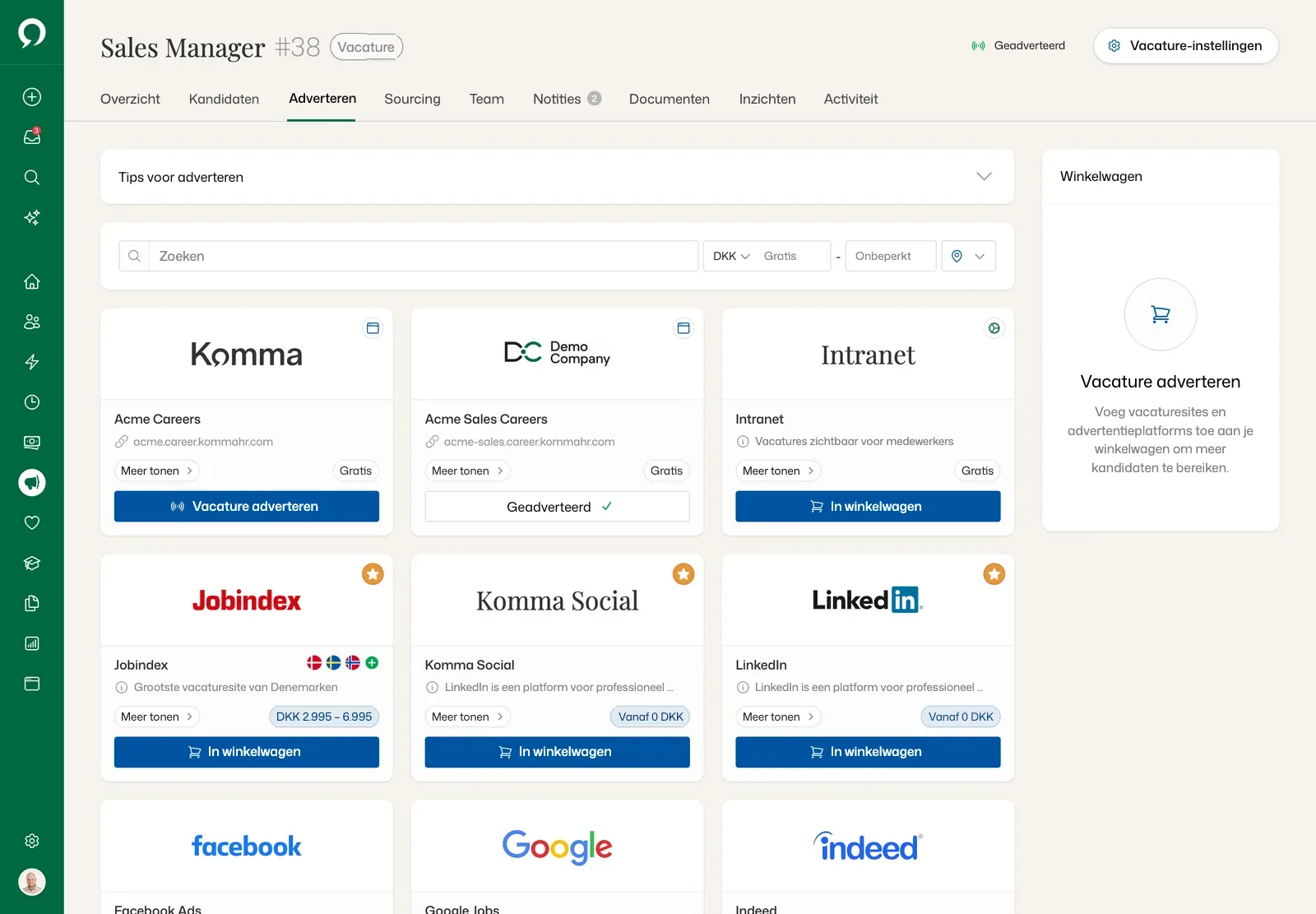 Een vacature promoten: je eigen carrièresites, intranet, Jobindex, Komma Social, LinkedIn, Facebook, Google en Indeed, met een winkelwagen