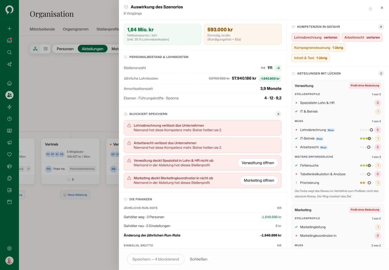 Auswirkung des Szenarios: 1,84 Mio. kr Nettoersparnis pro Jahr und 593.000 kr einmalige Kündigungskosten, mit vier Blockern beim Speichern