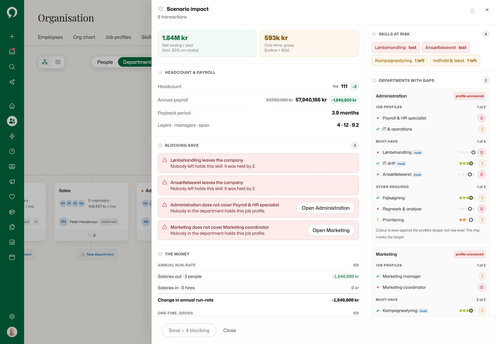 Scenario impact: 1.84M kr net saving a year and 593k kr one-time notice cost, with four blockers on Save